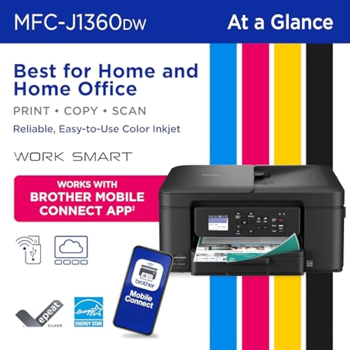 Brother Work Smart 1360 wireless color inkjet all-in-one printer, front view with the scanner lid closed