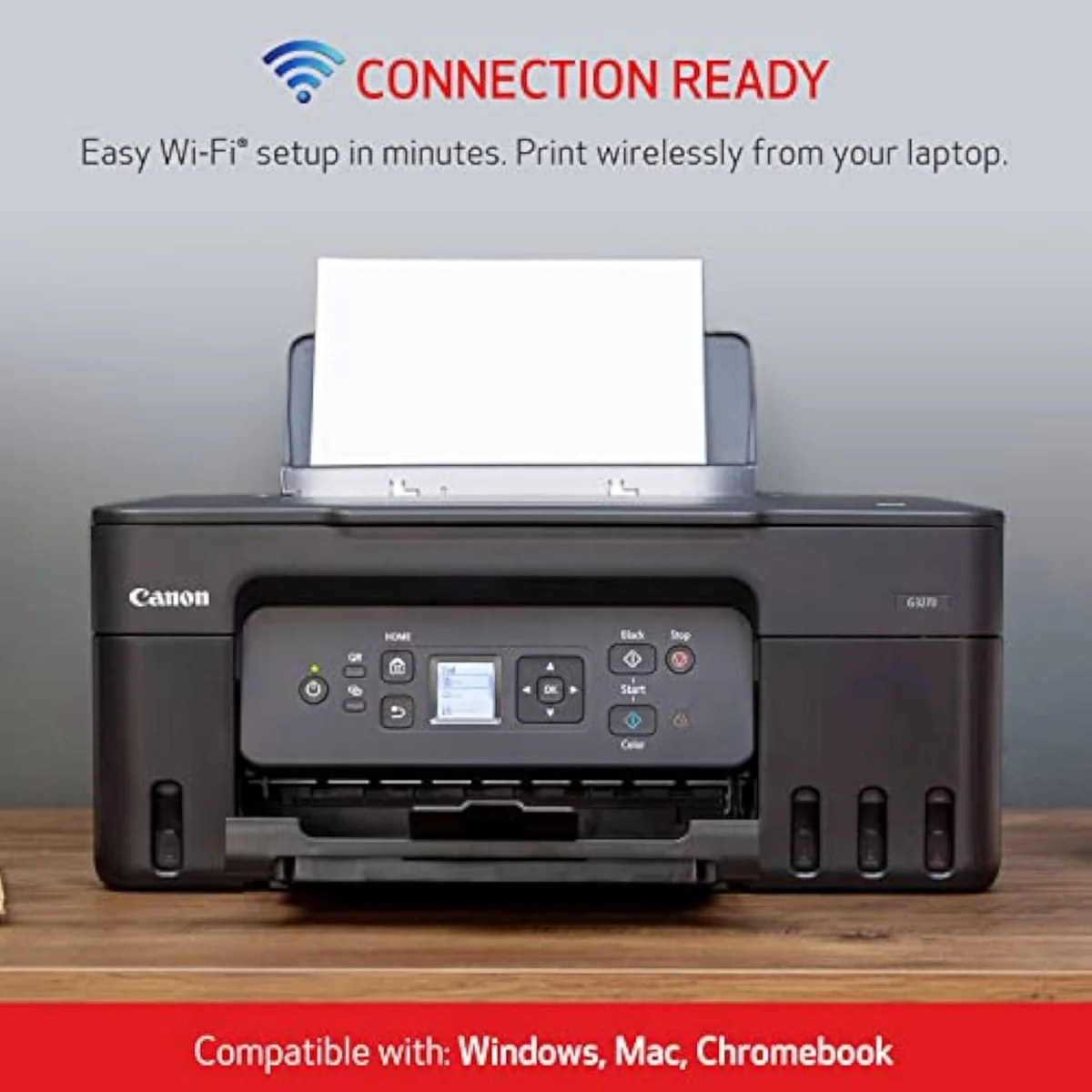 Canon MegaTank G3270 minimal control panel with a small square LCD