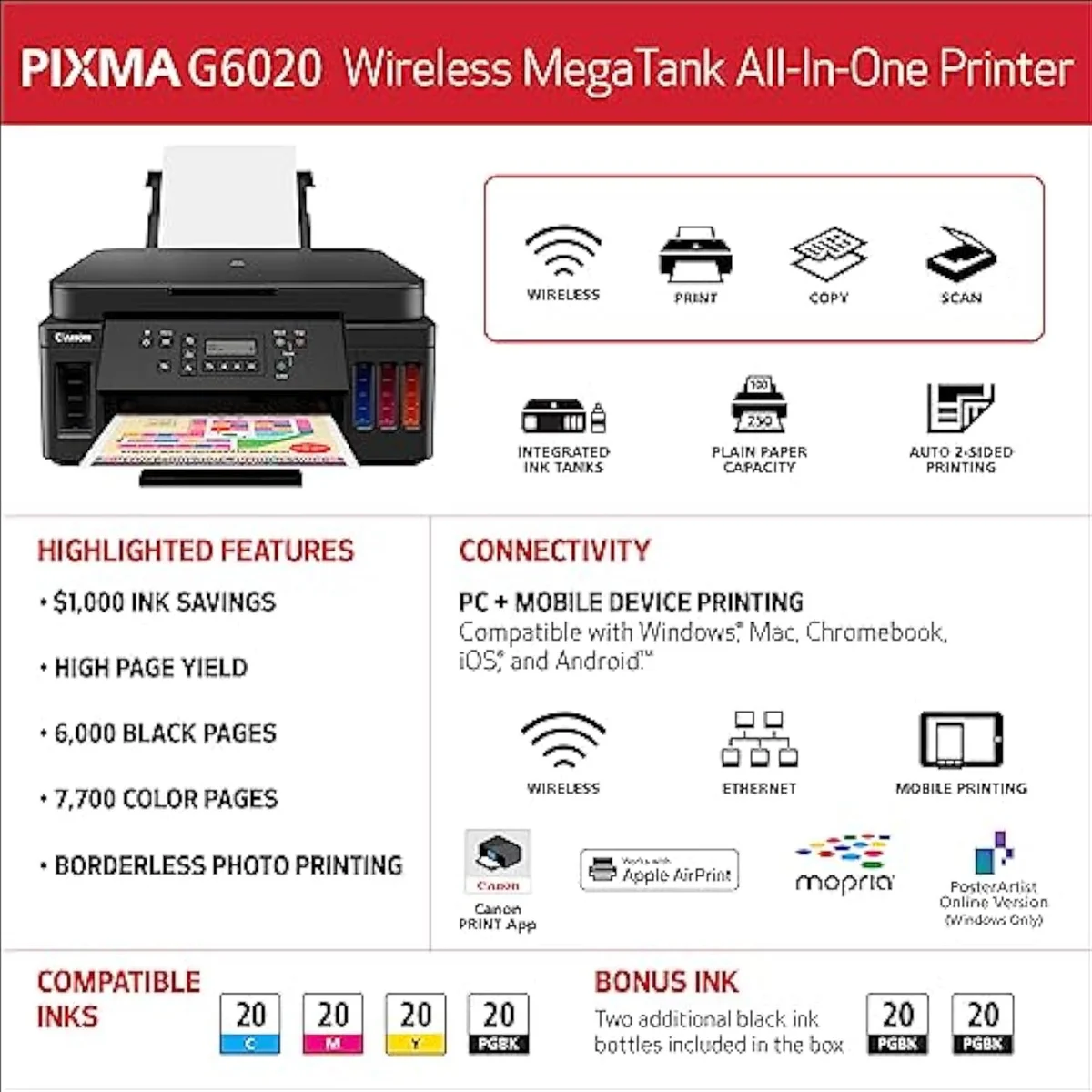 Canon PIXMA G6020 bottle-fed refillable ink tanks on the front of the printer