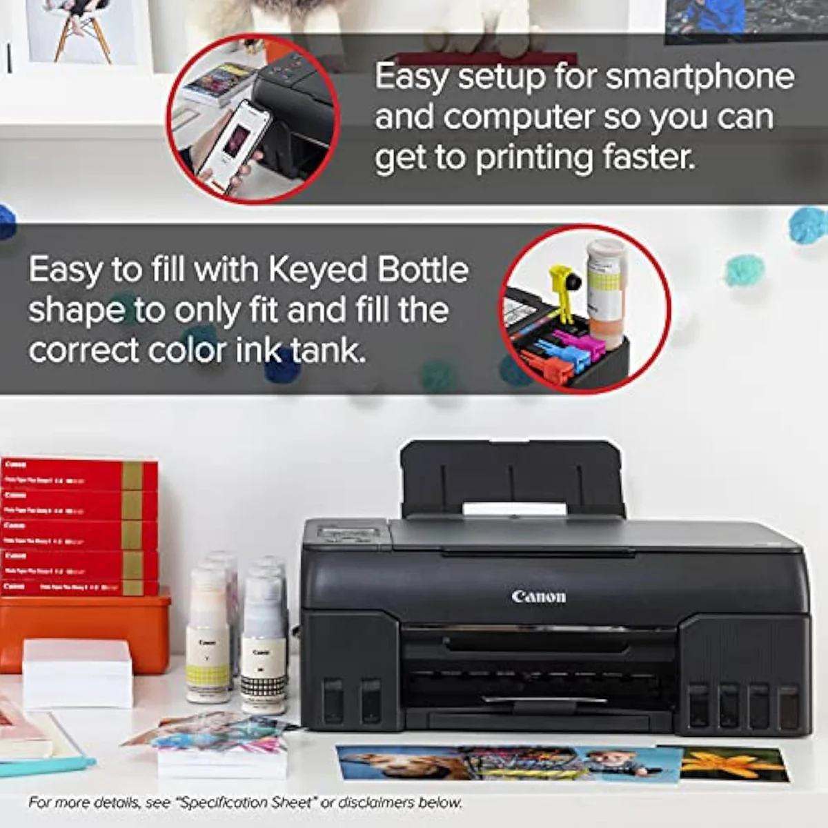 Canon PIXMA G620 MegaTank printer angled view showing refillable ink reservoirs