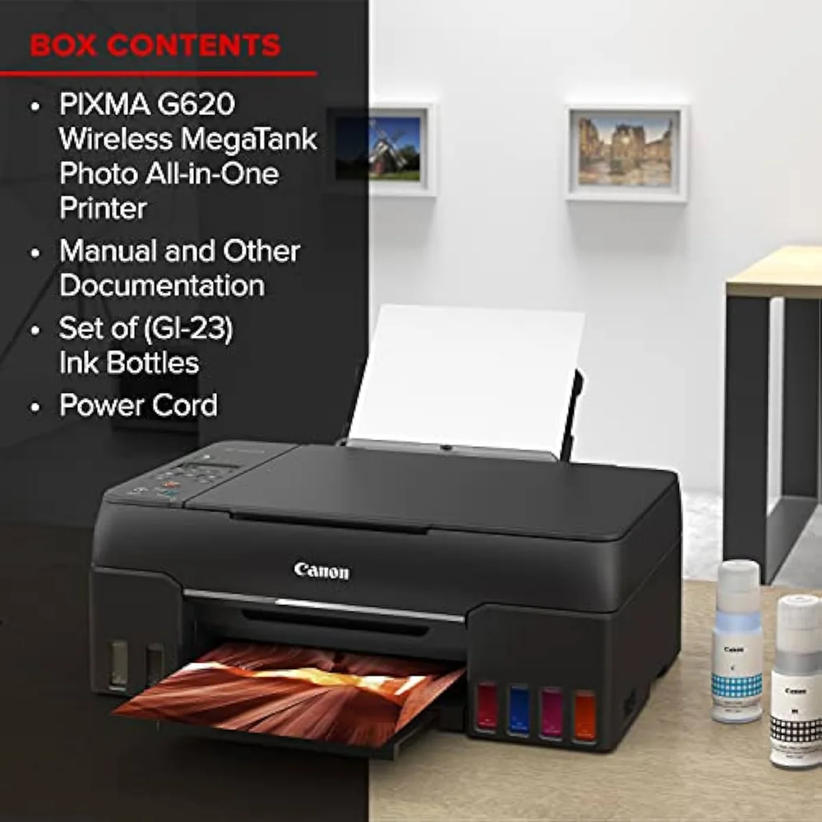 Canon PIXMA G620 MegaTank photo printer compact body, angled view