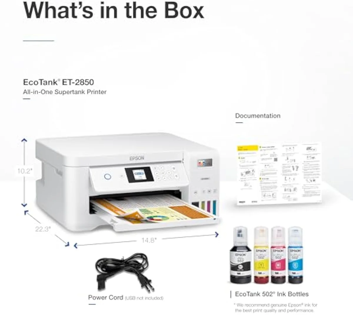 Epson EcoTank ET-2850 supertank all-in-one printer with its automatic document feeder on top, the step-up model's headline feature, front view