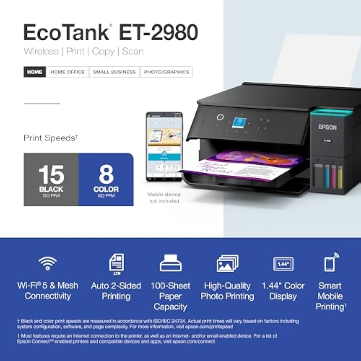 Epson EcoTank ET-2980 control panel and 1.44-inch color screen during use