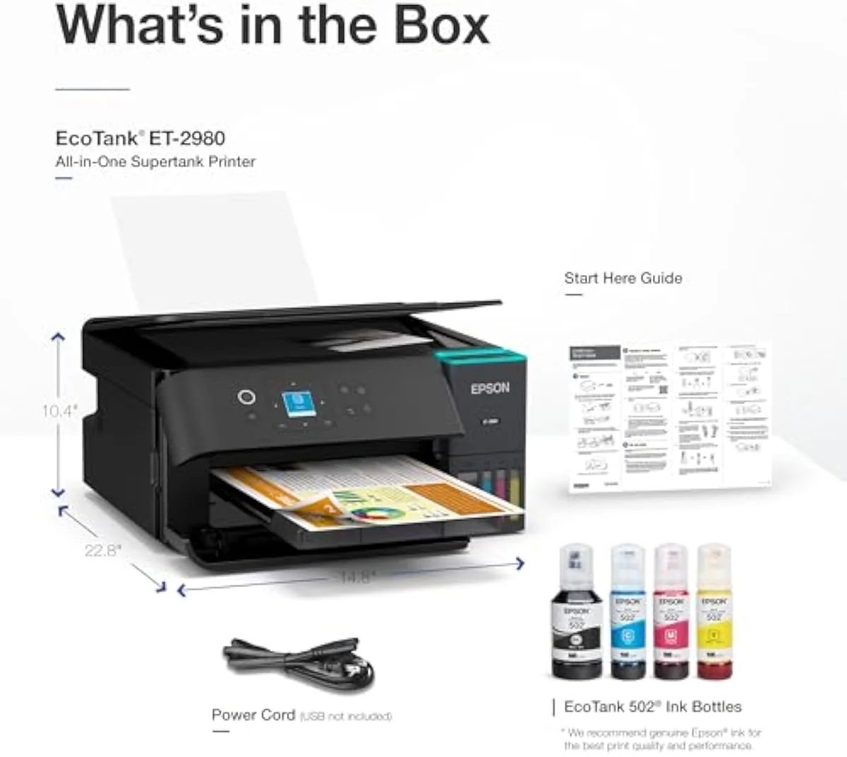Epson EcoTank ET-2980 shown from the front, tanks and paper tray visible