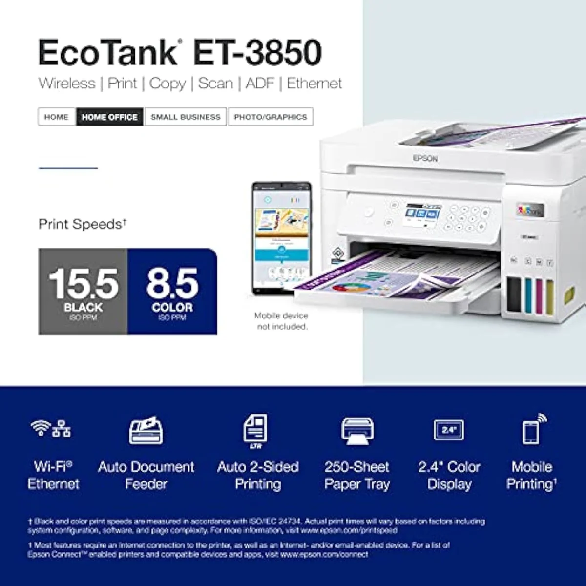 Epson EcoTank ET-3850 wireless all-in-one supertank printer, front view with the scanner lid closed
