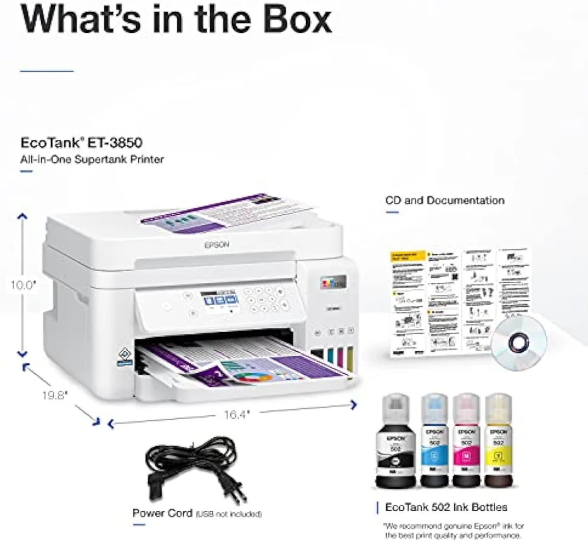 Epson EcoTank ET-3850 control panel and refillable ink tanks during use