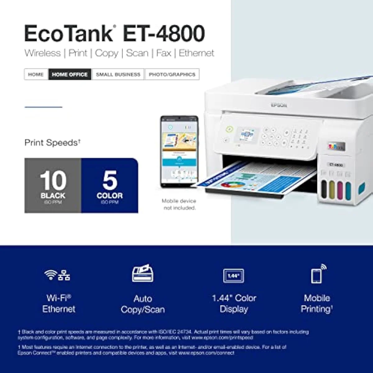 Epson EcoTank ET-4800 office supertank all-in-one printer, front view with the paper tray and output tray