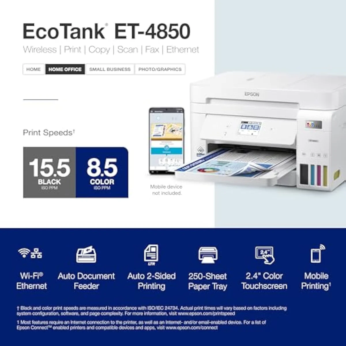 Epson EcoTank ET-4850 control panel and paper tray during use