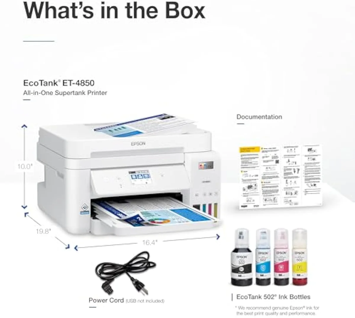 Epson EcoTank ET-4850 shown from the front, control panel and output tray visible