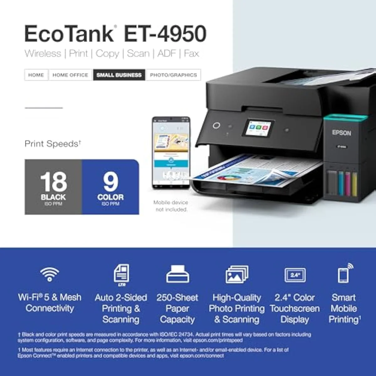 Epson EcoTank ET-4950 shown at a three-quarter angle with the tank reservoirs visible