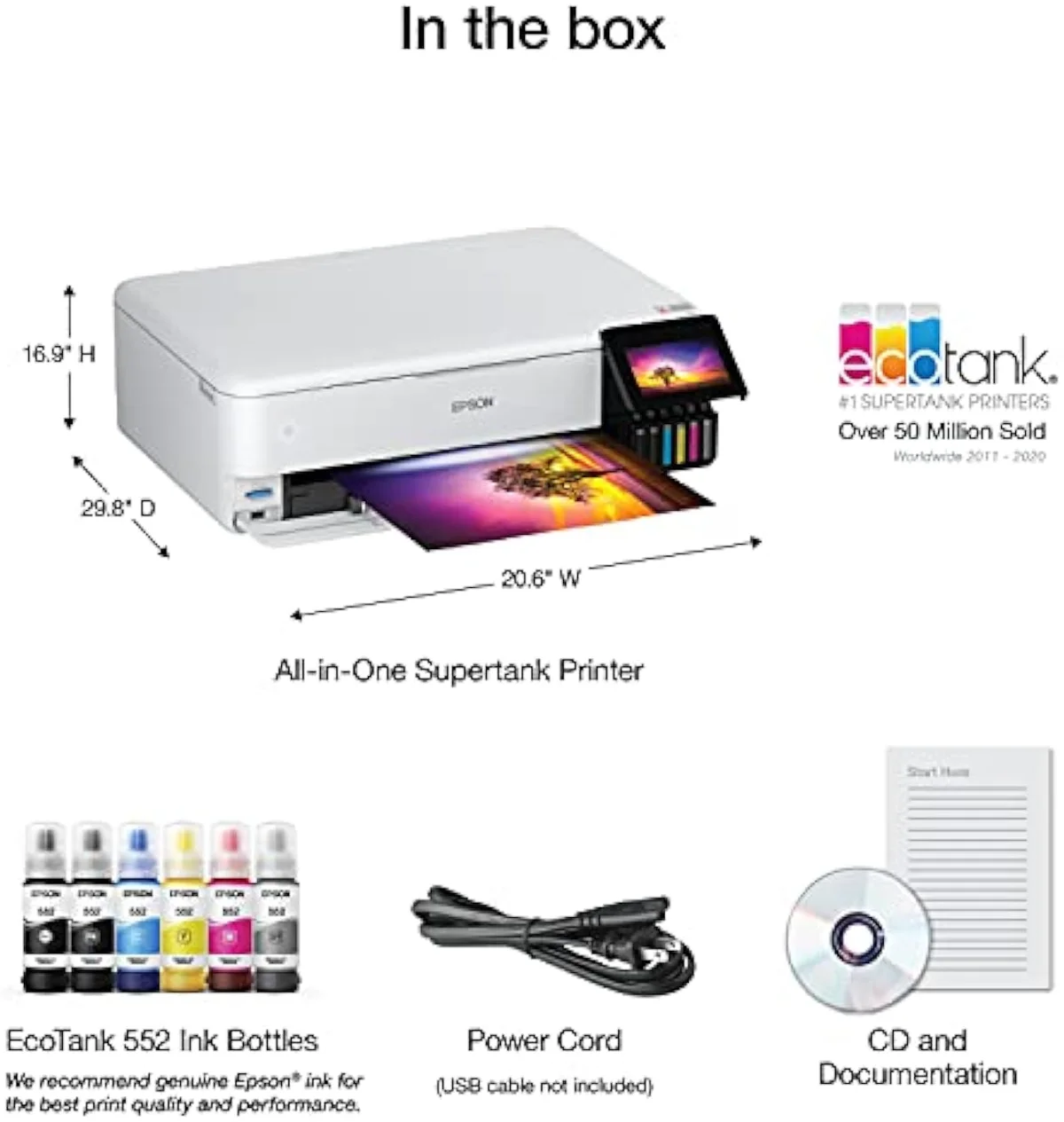 Epson EcoTank Photo ET-8550 wide-format six-ink supertank all-in-one printer, front view with the scanner lid closed