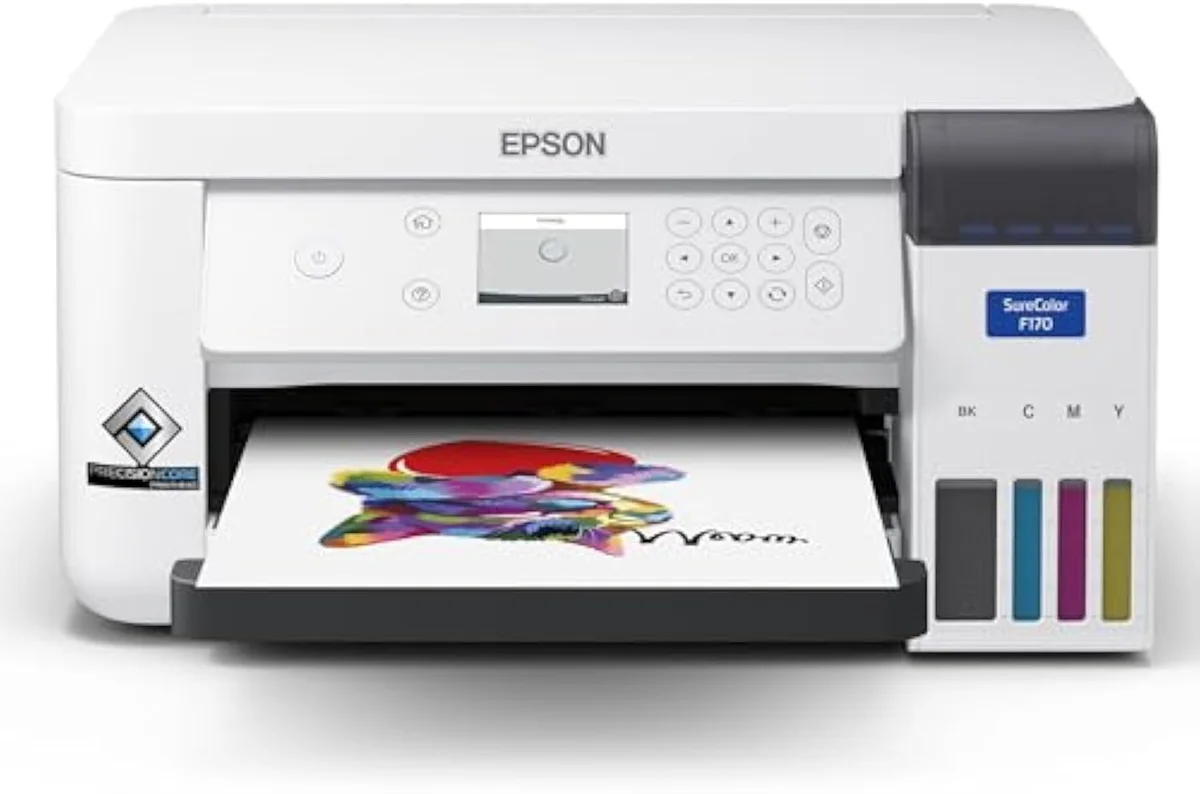 Epson SureColor F170 compact dye-sublimation printer in an 8.5 by 11 inch aluminum body, front view