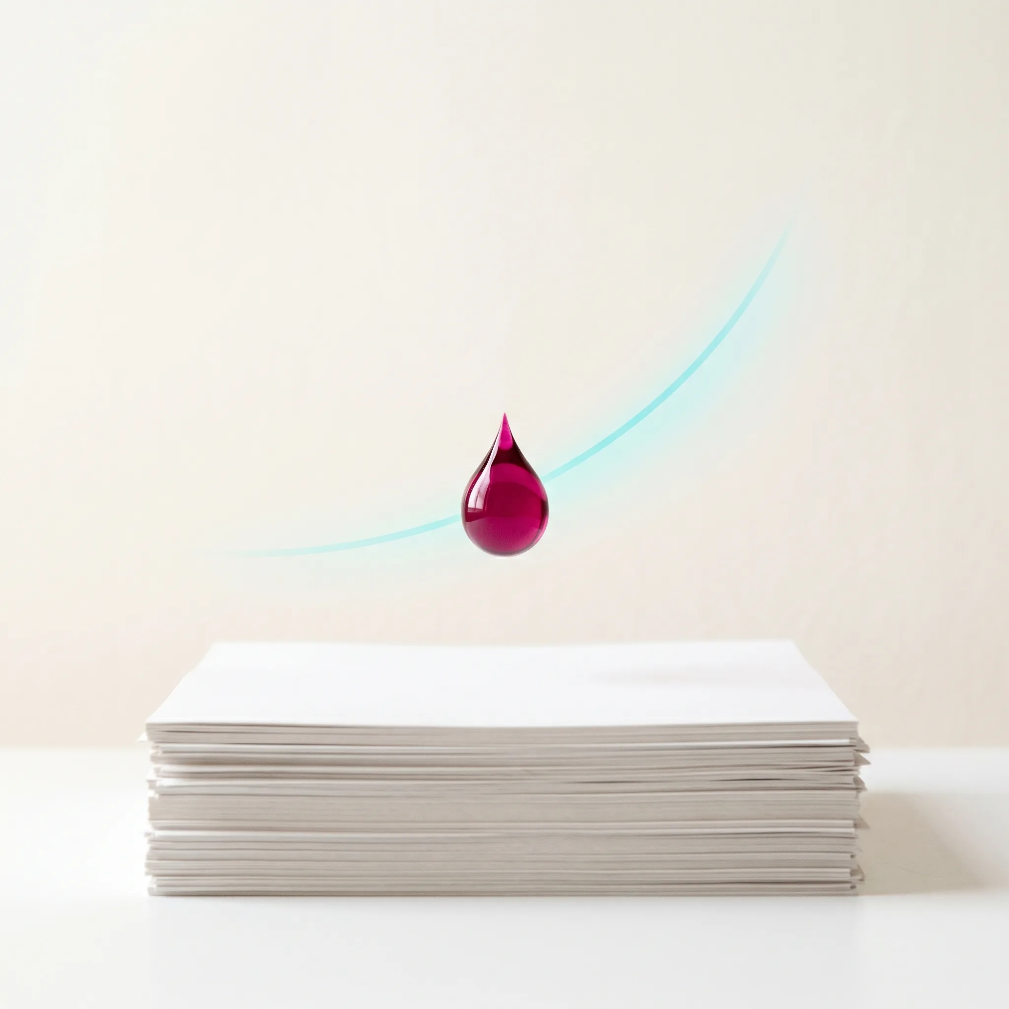 Cyan, magenta and yellow ink droplets on bright white paper — the real cost of inkjet printing