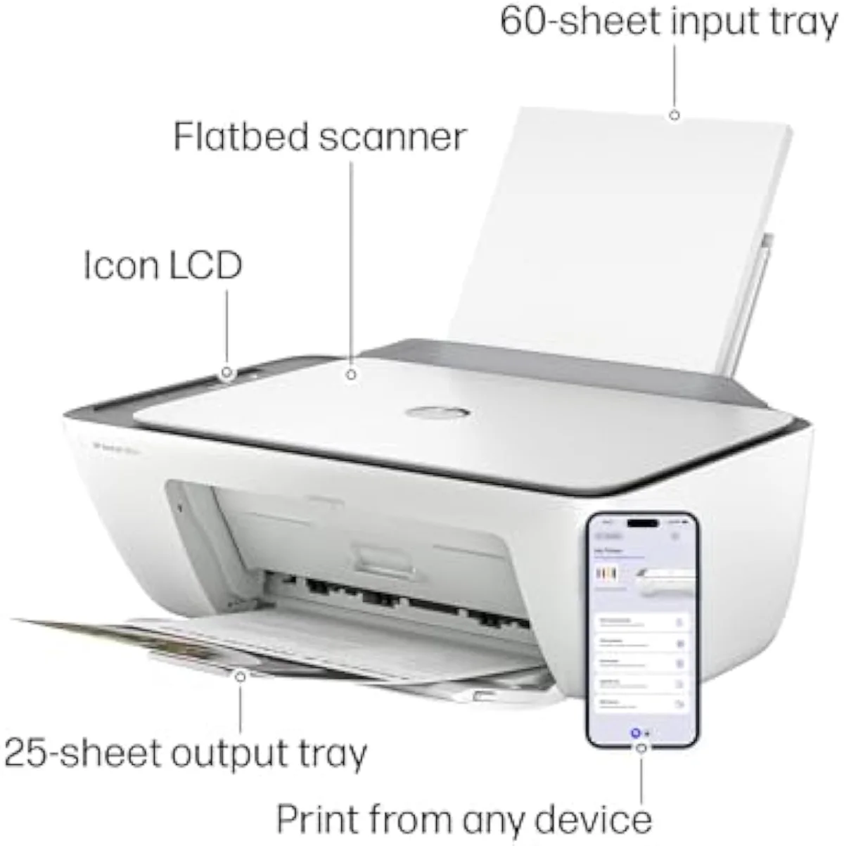 HP DeskJet 2855e control panel and paper tray during use