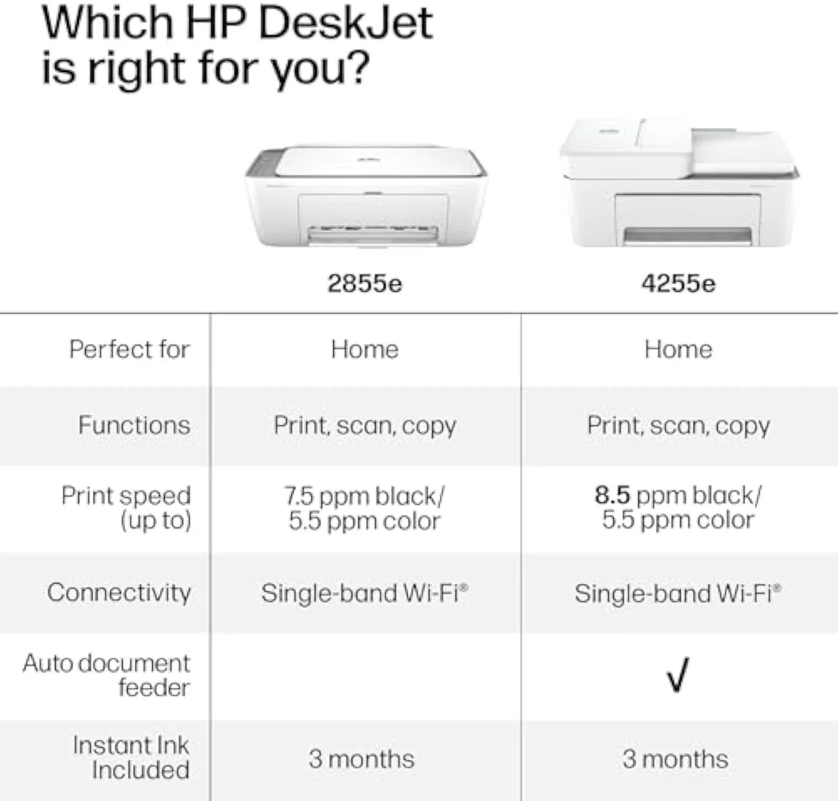 HP DeskJet 2855e all-in-one printer shown at a three-quarter angle