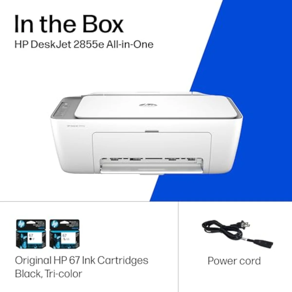 HP DeskJet 2855e shown from the front, control buttons and paper tray visible