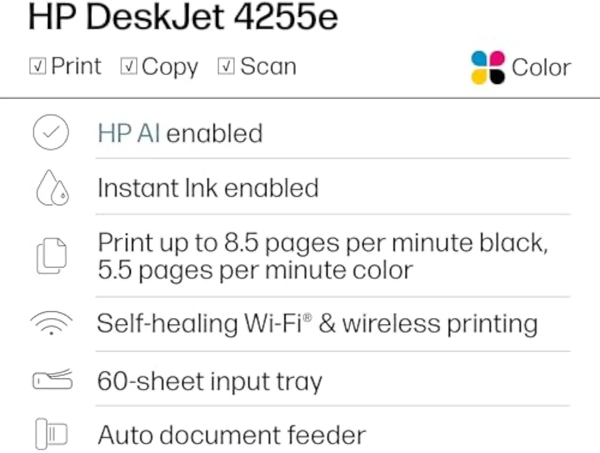 HP DeskJet 4255e Wireless All-in-One Color Inkjet Printer rear view