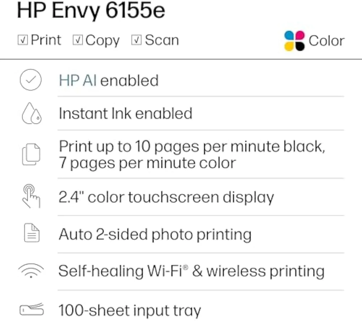 HP Envy 6155e color touchscreen control panel detail