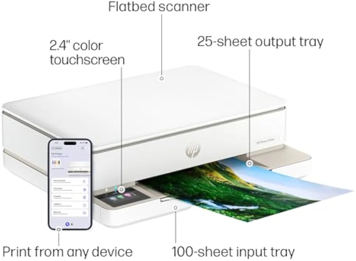 HP Envy 6155e all-in-one inkjet printer, angled view showing scan lid and tray