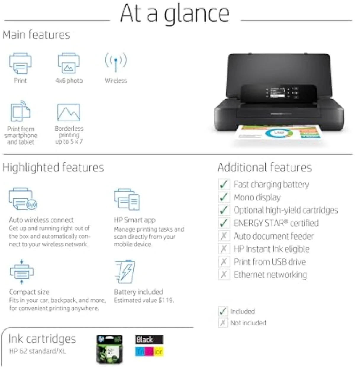 HP OfficeJet 200 wireless mobile printer, front view, print-only body