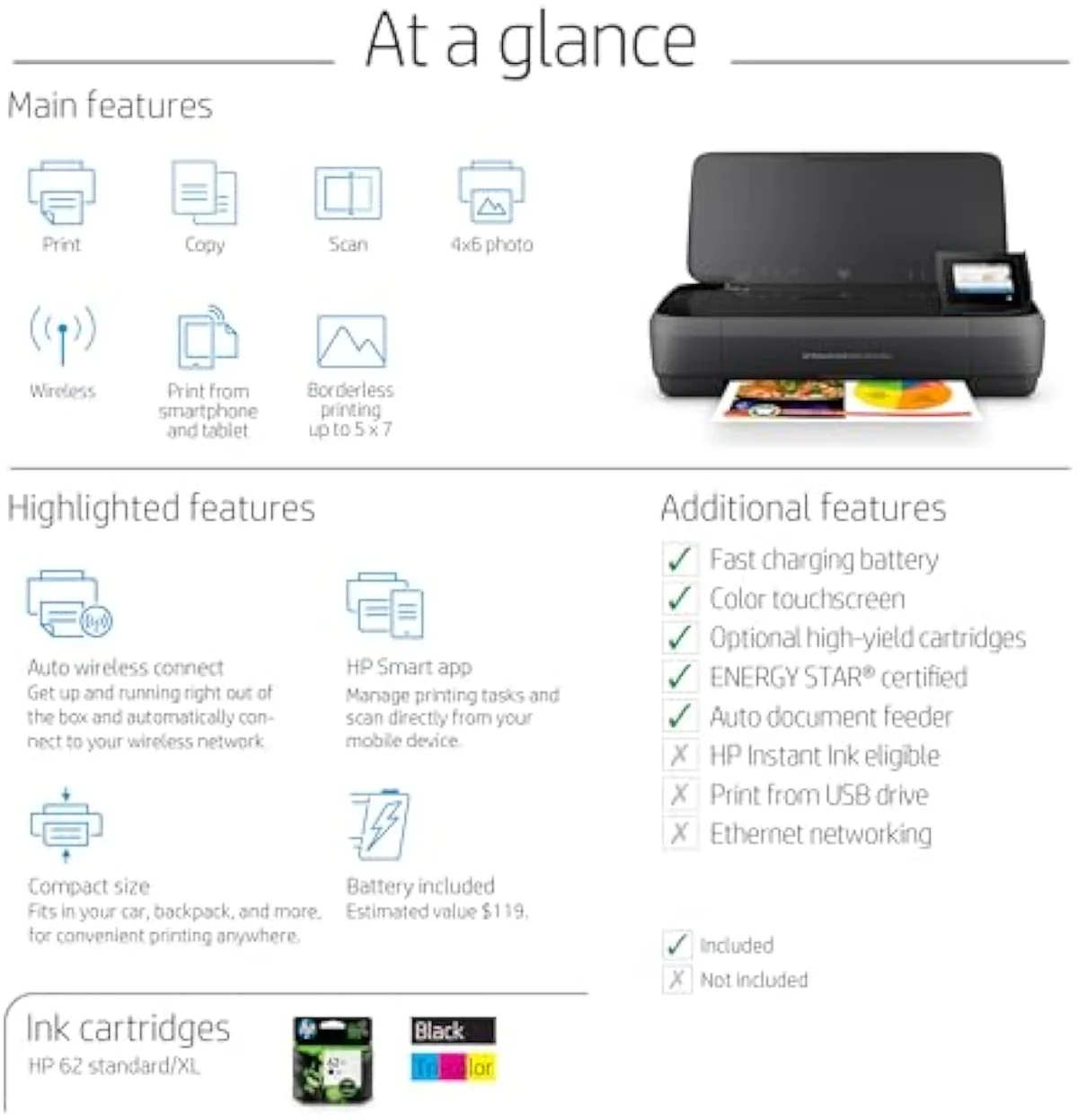 HP OfficeJet 250 wireless mobile all-in-one printer, front view with scanner lid