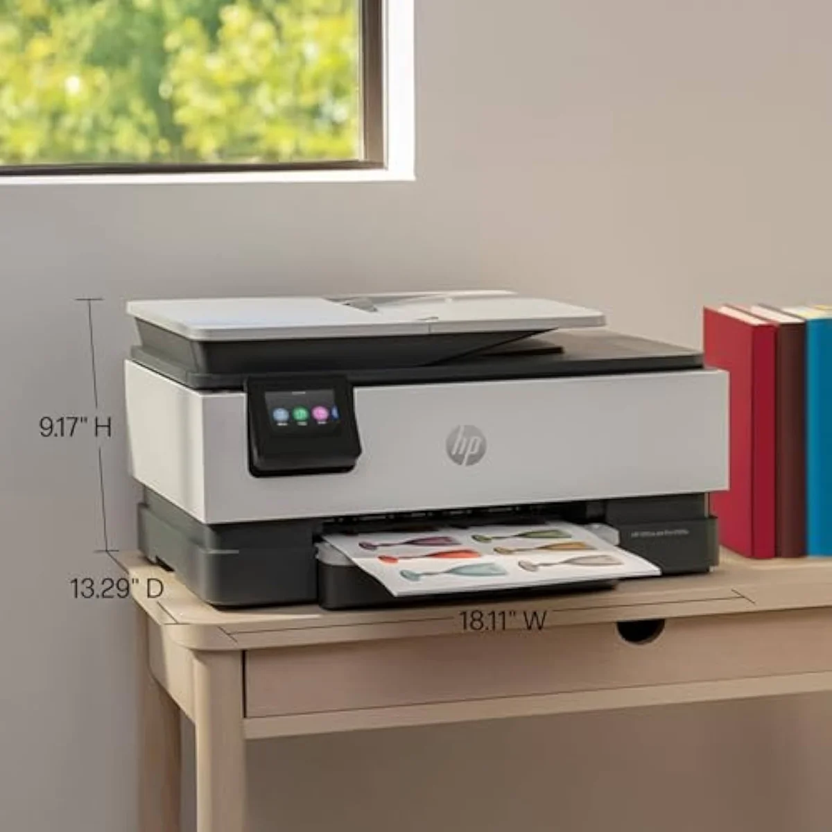 HP OfficeJet Pro 8125e control panel and color touchscreen shown during use