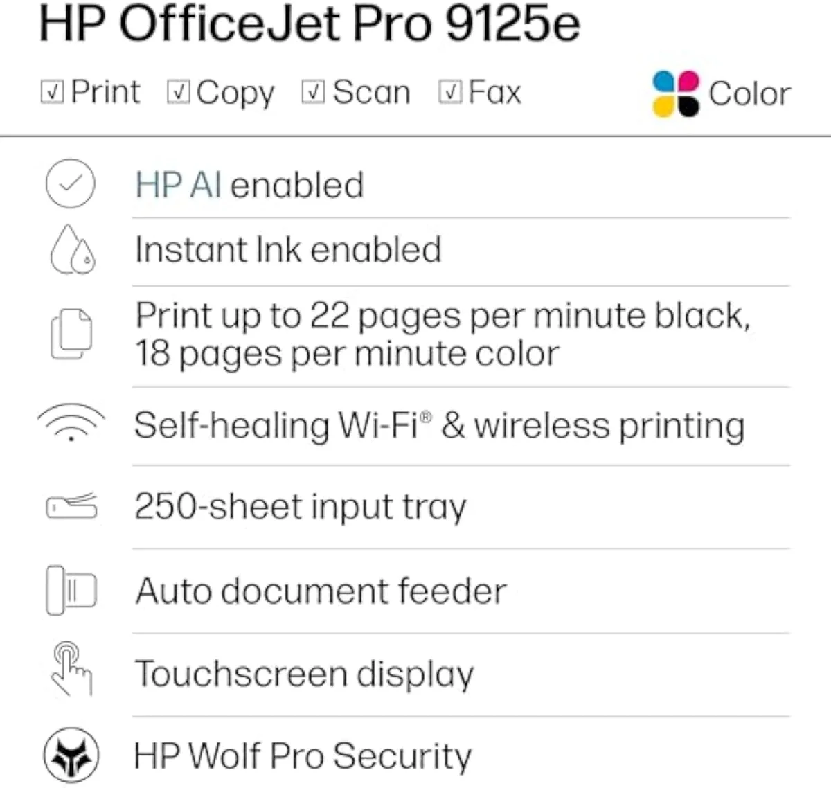 HP OfficeJet Pro 9125e Wireless All-in-One Color Inkjet Printer rear view