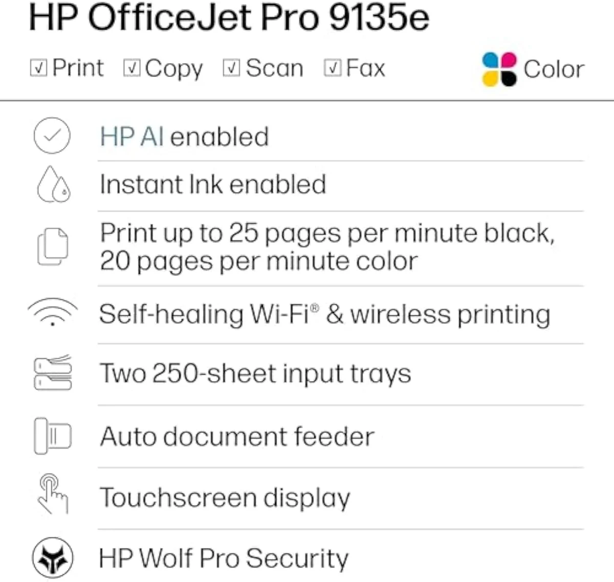 HP OfficeJet Pro 9135e Wireless All-in-One Color Inkjet Printer rear view