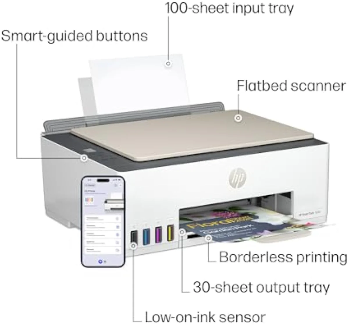 HP Smart Tank 5000 refillable ink-tank all-in-one inkjet printer, angled view