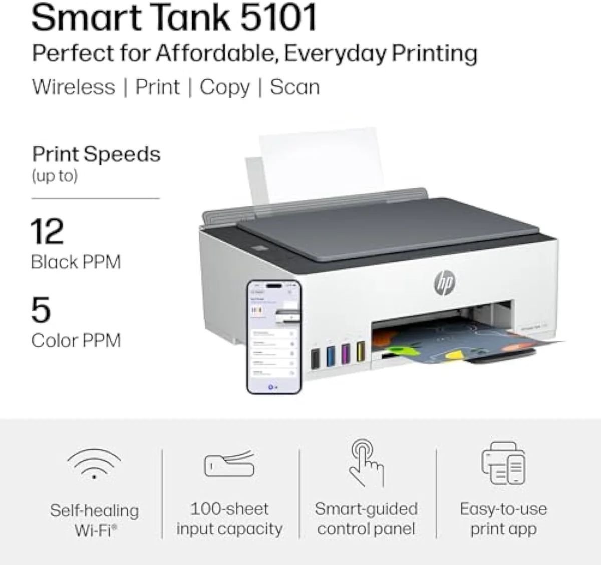 HP Smart Tank 5101 bottle-fed refillable ink tanks on the front of the printer