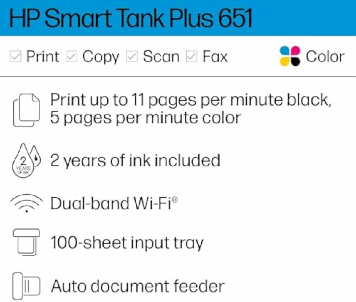 HP Smart Tank Plus 651 refillable all-in-one inkjet printer, front view