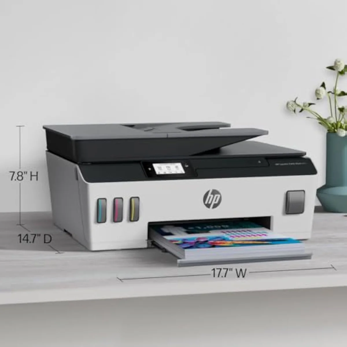 HP Smart Tank Plus 651 printer angled view showing the bottle-fed refillable ink tanks